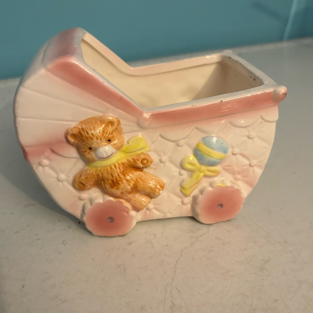 💥5/$25 Vintage Relpo Japan pink baby girl carriage ceramic planter trinket box